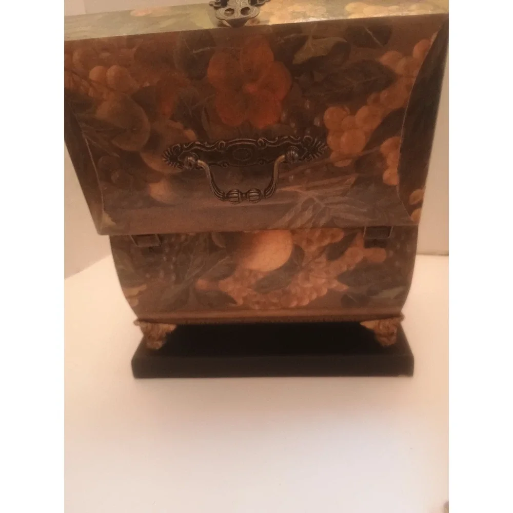 Vintage Floral Pattern Keepsake Trinket Box Hinged Lid & Handle On Black Stand